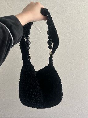 Plush Black Beaded Handle Shoulder Bag